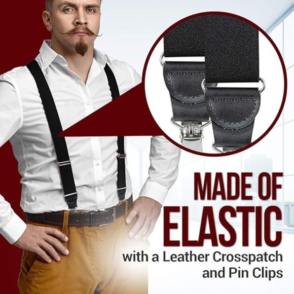 HOLD'EM Mens Elastic No Slip Pin Clip Y Back Suspenders With Leather Trim- Black - Picture 3 of 6